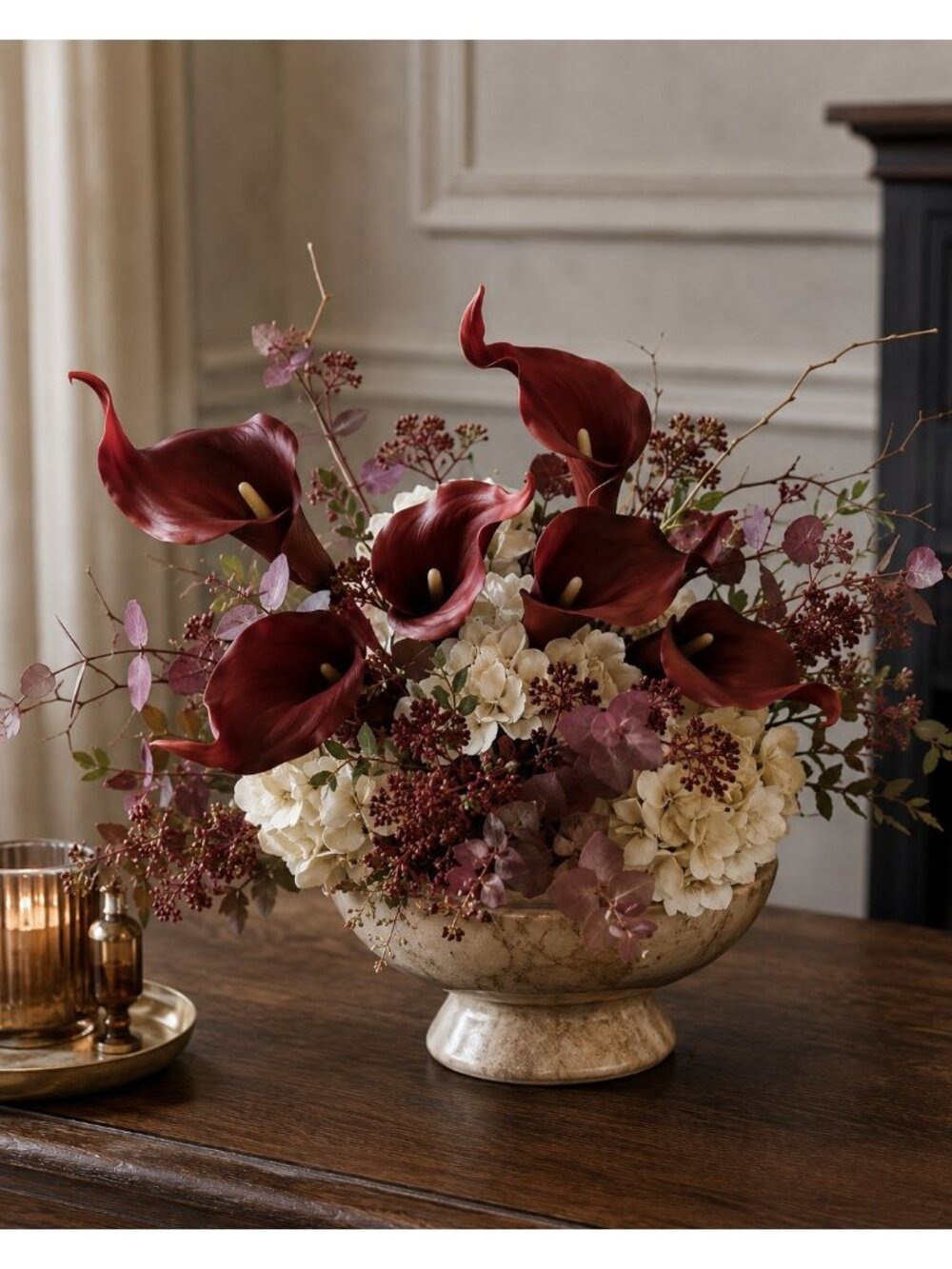 Burgundy Calla Lily Stems Faux Floral Bouquet Wine Red Flowers 5 Stem Bunch Mood - Picture 4 of 11